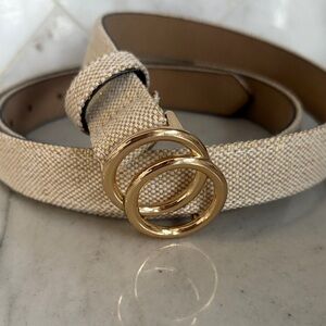 ANN TAYLOR gold woven canvas/linen belt with gold clasp • vegan leather size XL